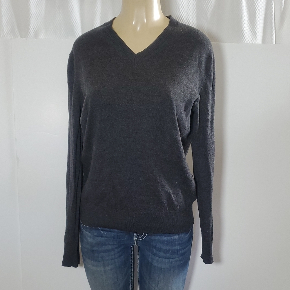 Banana Republic Extra Fine Merino Wool V Neck Sweater Gray Size L